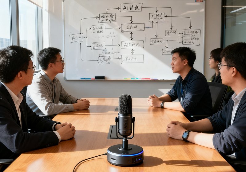 体球网技术团队在会议室讨论AI解说功能的开发方案，白板上画满技术架构图，桌面上摆放着麦克风测试设备。