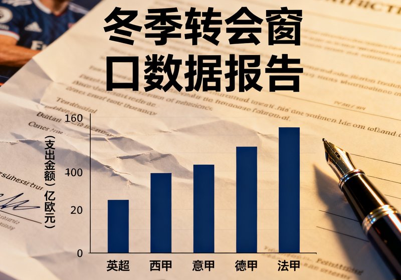 一份冬季转会窗口的数据报告封面，图表中展示了各联赛转会支出对比，背景是球员合同文件与钢笔的特写。