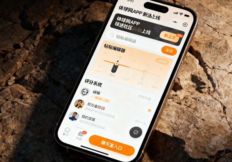 手机屏幕上展示体球网APP新上线的球迷社区界面，包含发帖编辑器、评分系统和聊天室入口，界面设计采用暖色调。